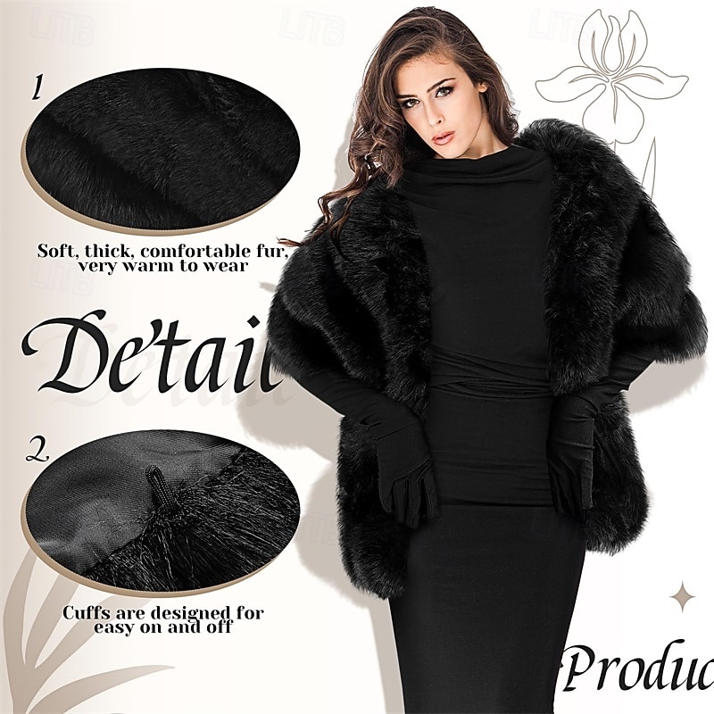 Winter Faux Fur Long Shawl Cloak Stretchy Satin Glove Opera Bridal Dance Gloves for Women Wedding Dress Party Coat3