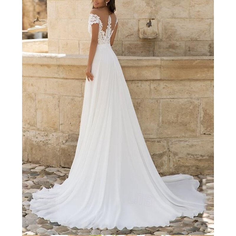 Wedding Dresses A-Line V Neck Short Sleeve Court Train Lace Bridal Gowns With Split Front2