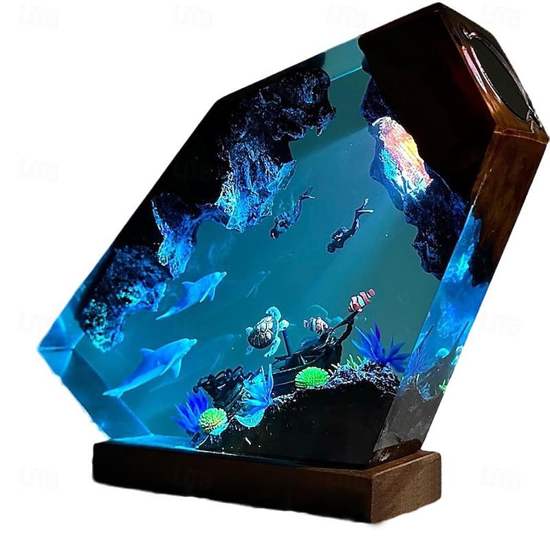 Handmade Ocean Resin Night Light, Dolphin and Turtle Resin Night Light Couple Diver Exploring Underwater World Clownfish Water Grass, USB Wooden Table Lamp for Home & Office Decor, Unique Art Ornament & Christmas Gift4