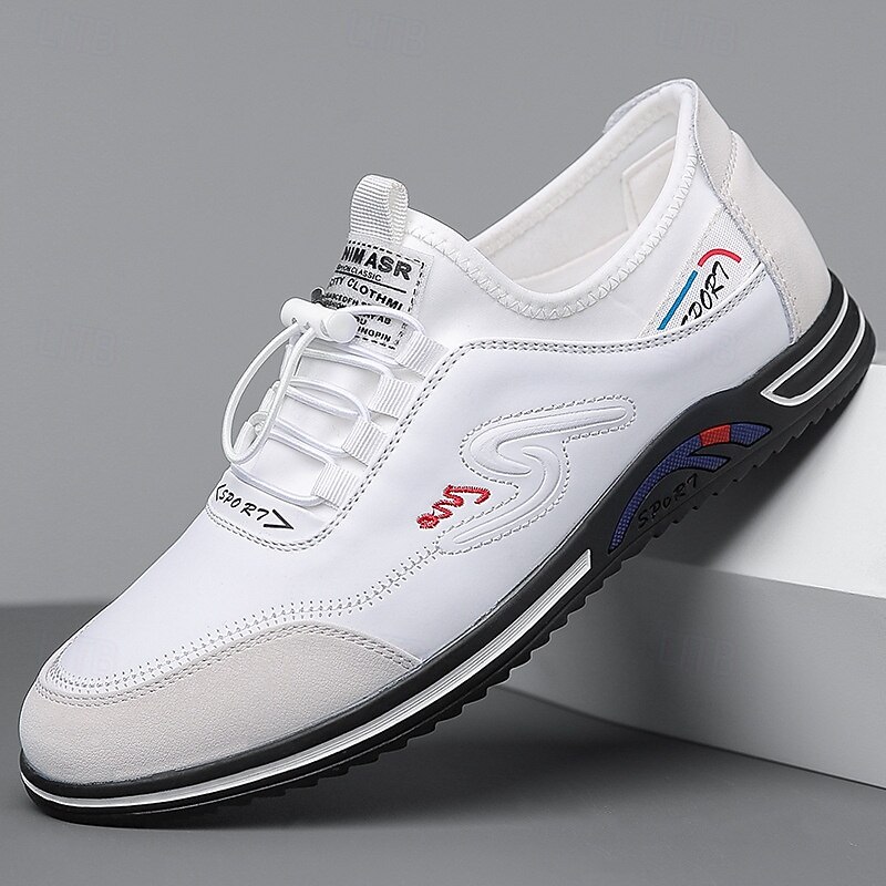 Men's White Faux Leather Casual Sneakers – Lightweight Breathable Low-Top Shoes for Daily Wear, Walking and Travel