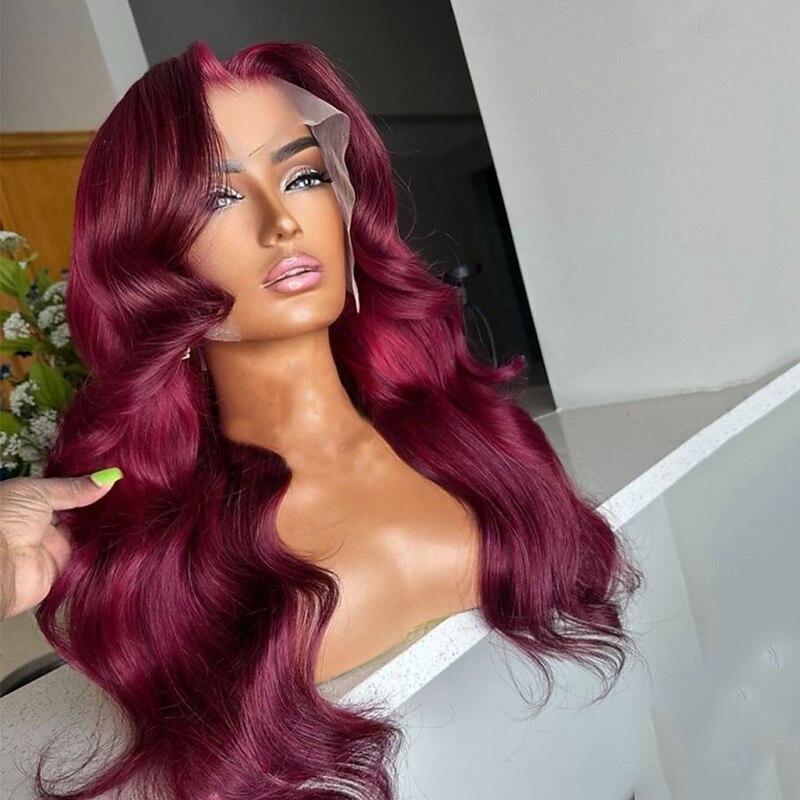 Remy Human Hair 13x4 Lace Front Wig Free Part Brazilian Hair Body Wave Burgundy Bug Wig 130% 150% Density with Baby Hair Glueless Pre-Plucked For Women Long Human Hair Lace Wig4