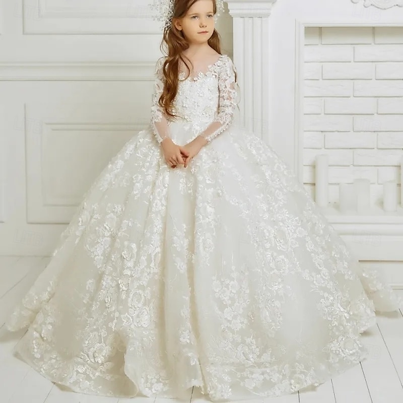Kids Girls' Flower Girl Dress Dress First Communion Dress Solid Color Long Sleeve Formal Performance Wedding Mesh Elegant Princess Mesh Lace Full-Length Sheath Dress Tulle Dress Summer Spring Fall