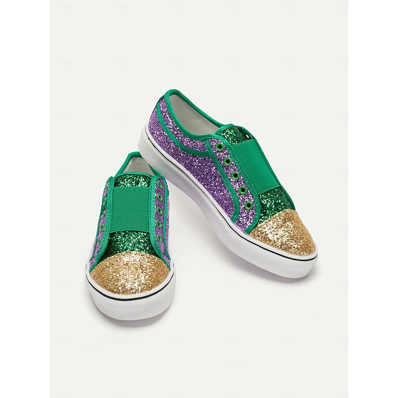Women's Glitter Slip-On Sneakers – Sparkling Casual Shoes with Green, Purple, and Gold Accents for Bold Fashion Statements3