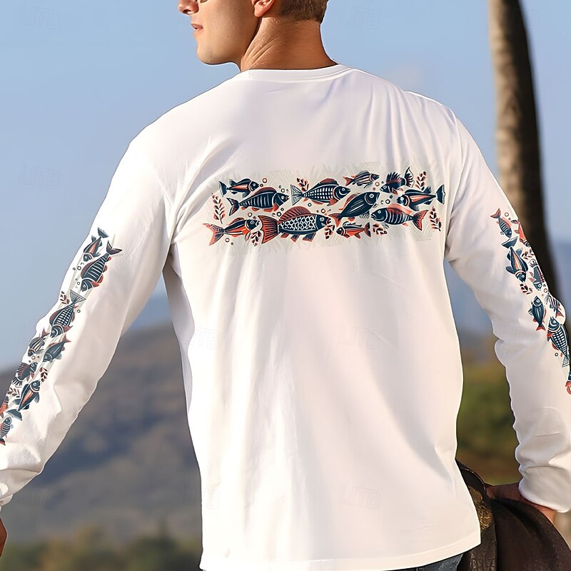 Men's Fish Maori T Shirt Long Sleeve T shirt 3D Print Crew Neck Shirt Vacation Tropical Daily Casual Hawaiian Holiday White Summer Spring Fall Clothing Apparel S M L XL XXL XXXL2