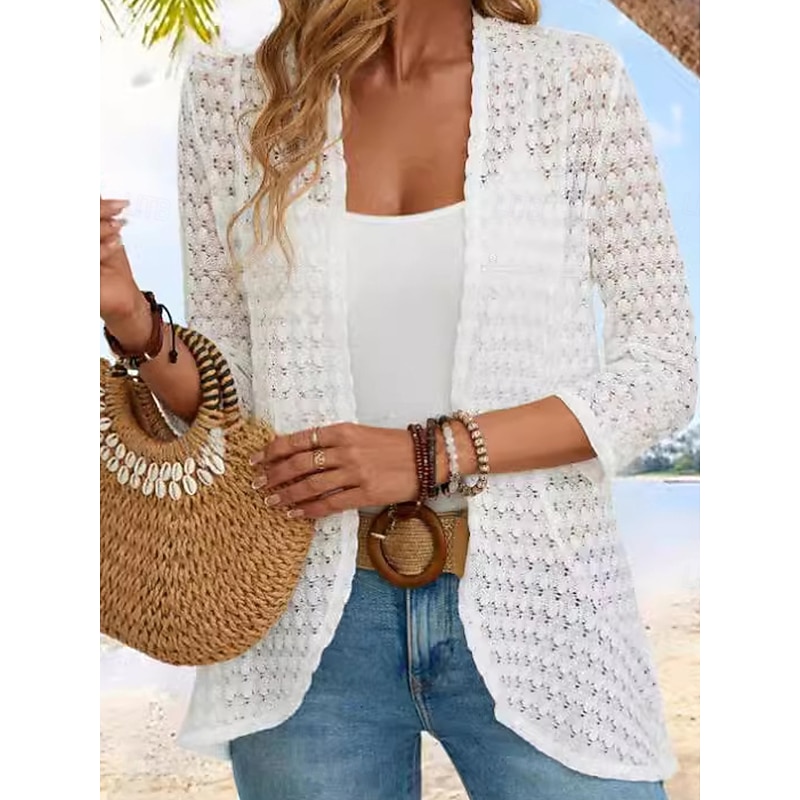 Women's Casual Jacket Outdoor Cut Out Solid Color Windproof Fashion Regular Fit Outerwear 3/4 Length Sleeve Fall White S4