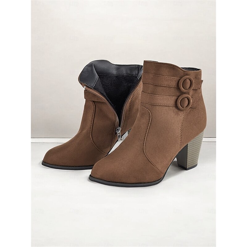 Women's Brown Faux Suede Ankle Boots - Block Heel with Side Zipper and Decorative Button Details, Ideal for Fall and Winter Casual Wear3