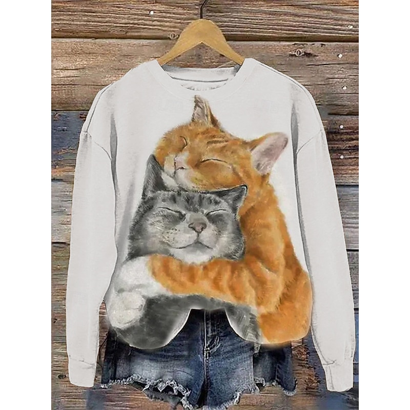 Women's Pullover Casual Cat Dailywear Casual Hoodie Print Long Sleeve Beige Fall Winter2