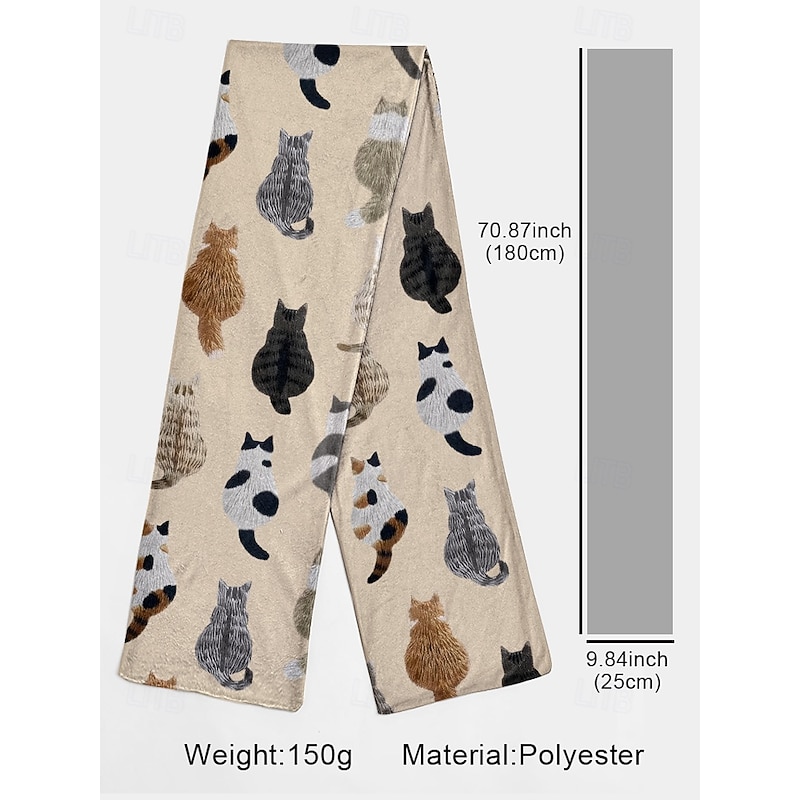 Women's Cute Cat Patterned Beige Scarf – Cozy and Stylish Winter Accessory4
