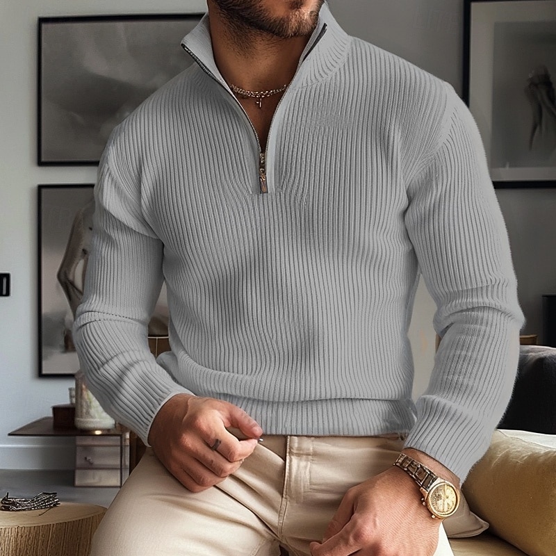 Men's Sweater Zip Sweater Quarter Zip Sweaters Ribbed Chunky Knit Classic Half Zip Solid Color Stand Collar Elegant Vintage Formal Home Clothing Apparel Bishop Sleeve Fall Winter Black Khaki M L XL
