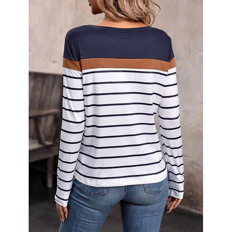 Women's T shirt Crew Neck Long Sleeve Tunic Color Block Striped Modern Casual  Regular Tops Daily Weekend Print Black White Fall Winter2