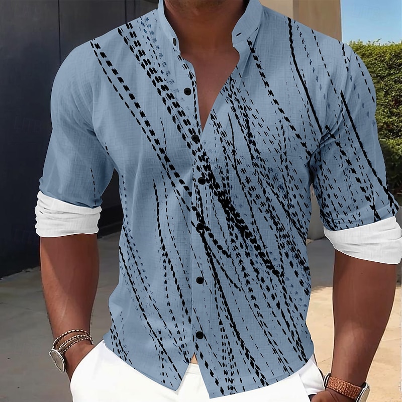 Men's Line Dress Shirt Button Up Shirt Long Sleeve Casual Vacation Home Daily Summer Spring &  Fall Grandad Collar Band Collar 3D Print Black White Blue Gray2