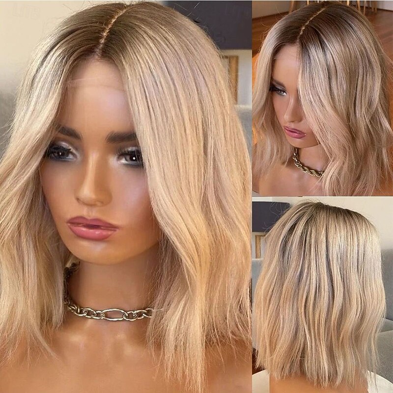 Remy Human Hair 5x5 Closure 13x4 Lace Front Wig Short Bob Brazilian Hair Wavy Blonde Wig 130% 150% Density Ombre Hair 100% Virgin Glueless Pre-Plucked For Women Short Human Hair Lace Wig