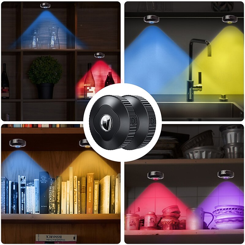 Rechargeable RGB Puck Lights with Remote Control 1200mAh Battery Operated Tap Lights Dimmable Touch Under Cabinet Lighting Wireless Push Lights LED USB Shelf Light4