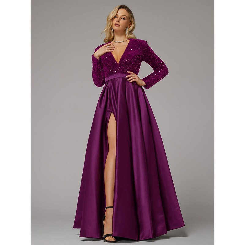 Ball Gown Evening Gown Elegant Dress Wedding Guest Birthday Floor Length Long Sleeve V Neck Pocket Satin with Sequin Pocket 9