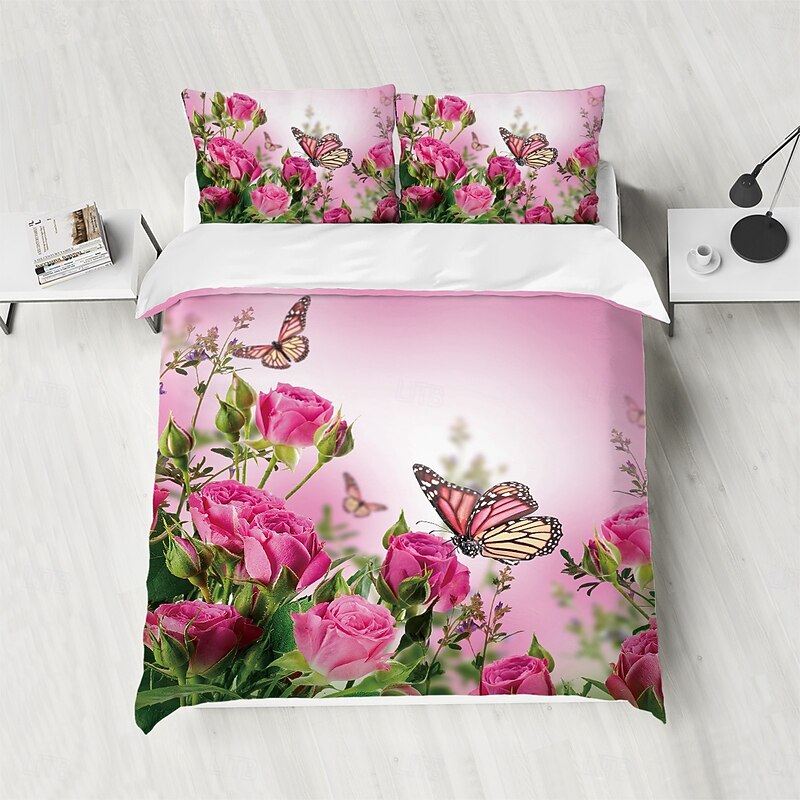 Flowers Butterflies Plants Flowers Prints Three Piece Down Comforter Set Hotel Bedroom Guest Room Bedding Comfortable Set 1 Down Comforter Set 2 Pillowcases Queen Size Bed Set 2-Piece Set3