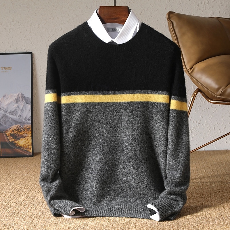 Men's 100% Merino Wool Pullover Sweater Jumper Knit Color Block Crew Neck Knitwear Elegant Christmas Outdoor Clothing Apparel Fall Winter Black Red S M L2