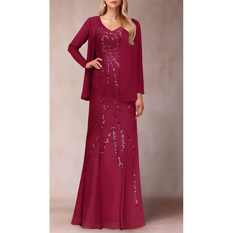 Two Piece Sheath / Column Dress Suit Mother of the Bride Dress Elegant Sparkle & Shine V Neck Floor Length Chiffon Sequined Short Sleeve with Sequin4