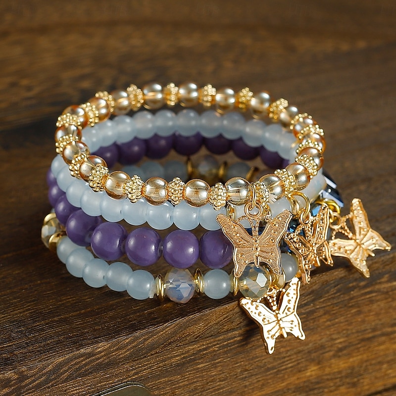 Butterfly Charm Beaded Bracelet Set - Elegant Gold and Pearl Layered Design for Women2