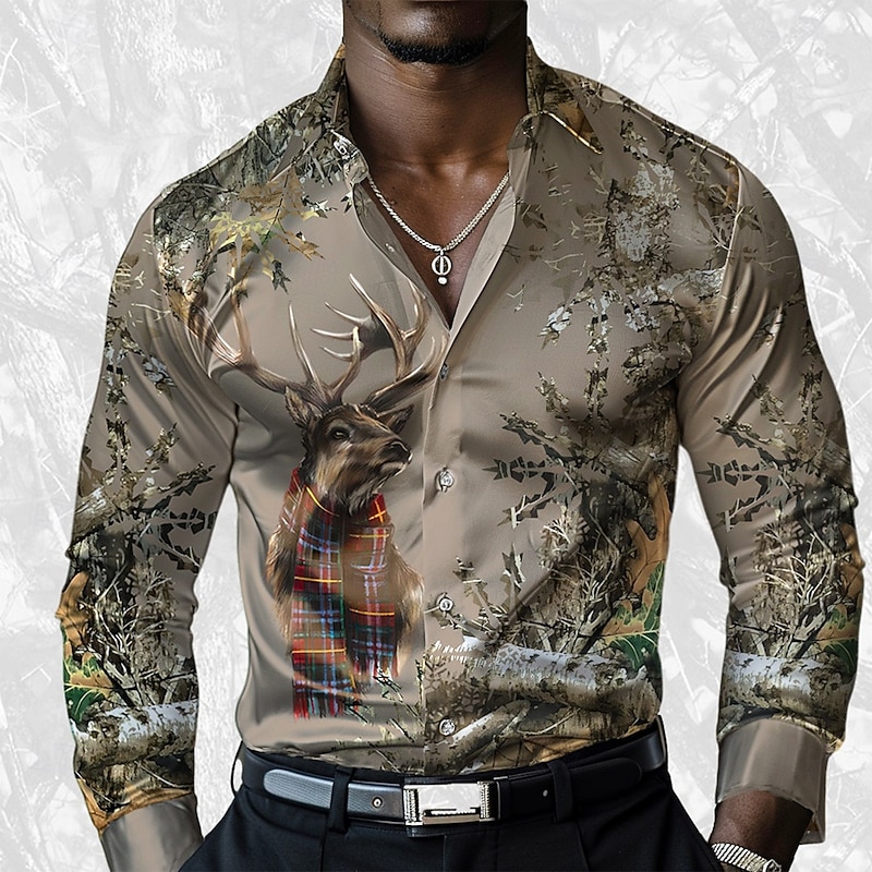 Christmas Men's Deer Satin Shirt Dress Shirt Button Up Shirt Long Sleeve Casual Fashion Casual Outdoor Vacation Dailywear Summer Spring Fall Collared Shirts 3D Print Coffee