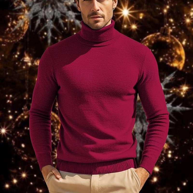 Men's Pullover Sweater Jumper Knit Sweater Ribbed Knit Regular Knitted Plain Turtleneck Fashion Casual Daily Wear Date Clothing Apparel Fall & Winter Camel Wine S M L3