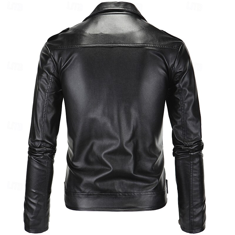 Men's Faux Leather Jacket Windbreaker Motorcycle Jacket Casual Daily Windbreaker Patchwork Pocket Winter Spring &  Fall Solid Color Vintage Fashion Shirt Collar Regular Black Jacket3