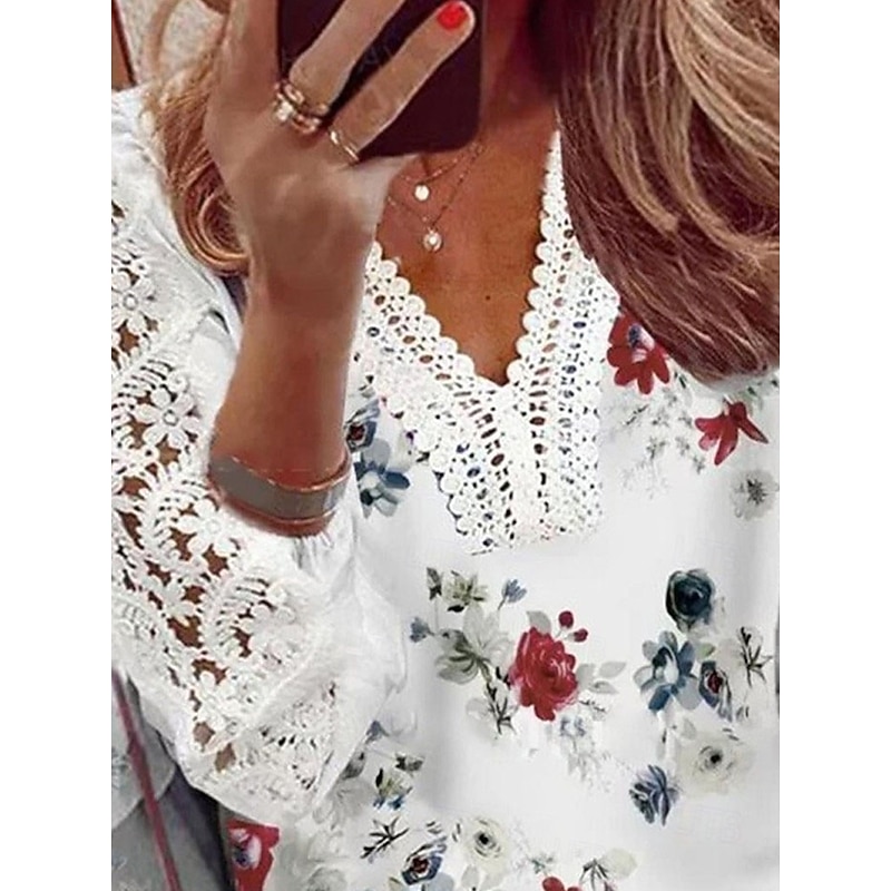 Women's T Shirt Floral Fashion Modern Casual Long Sleeve V Neck Regular Tops Daily Weekend Lace Patchwork Print White Summer Spring Fall2