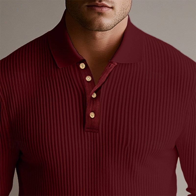 Men's Rib Knit Top Muscle Shirt Formal Work Ribbed Polo Collar Long Sleeve Warm Basic Solid Color Buttons Spring Fall Slim Fit Dark Brown Wine Rib Knit Top2