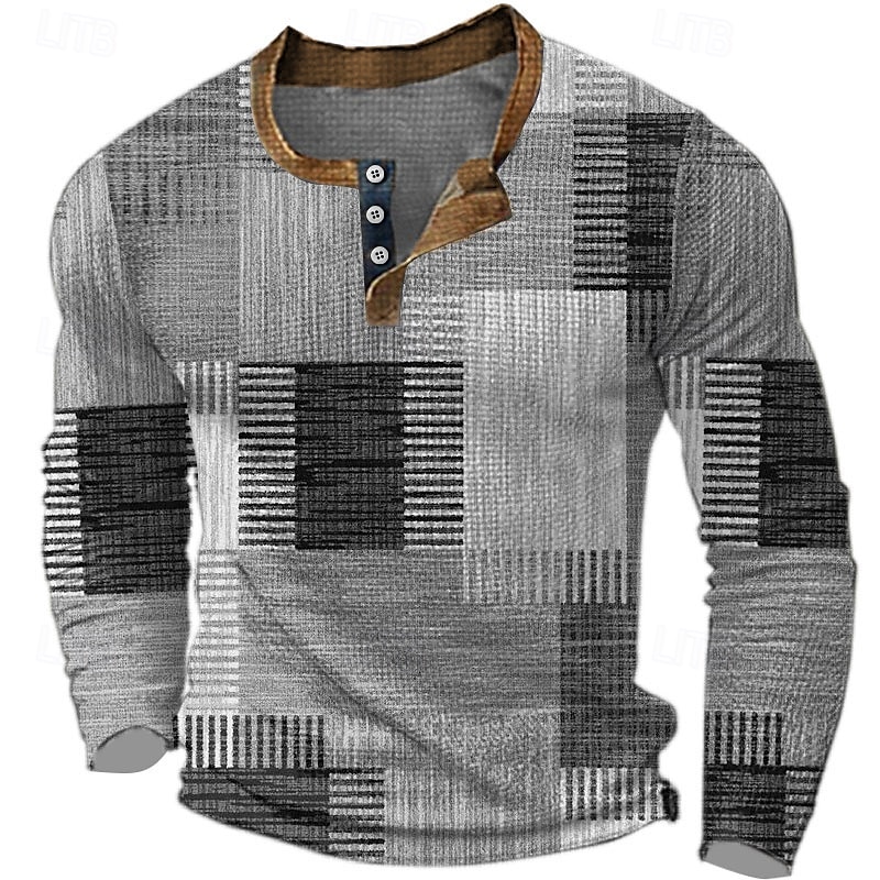 Men's Graphic Color Block Waffle Henley Shirt Casual Style Classic Style Long Sleeve 3D Print Fashion Designer Basic Outdoor Daily Spring &  Fall Blue Brown Green Gray Henley Henley T-Shirt2