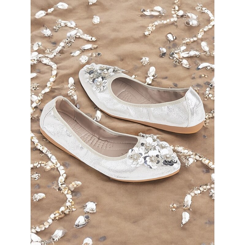 Women's Floral Embellished Foldable Flats – Comfortable Sequin Decor Ballet Shoes for Wedding and Special Events4