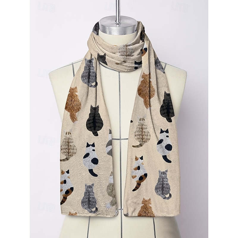 Women's Cute Cat Patterned Beige Scarf – Cozy and Stylish Winter Accessory2