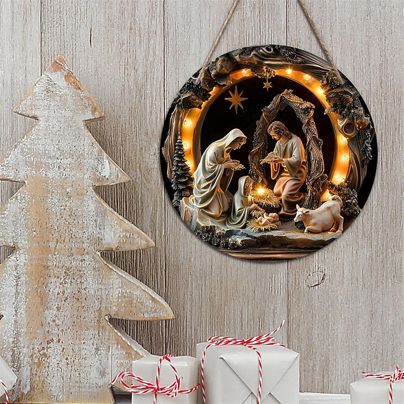 Wooden Jesus Nativity Baptism Round Sign, Door Hanging Decor for Bedroom and Living Room2