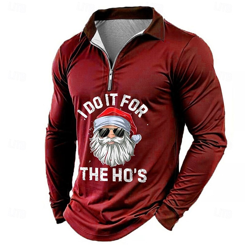 Christmas Men's Santa Claus Zip Polo Long Sleeve Polo Shirts Collar Business Casual Vacation Party Evening Wear New Years Eve Shirts 3D Print Spring Fall & Winter Black Wine Blue4