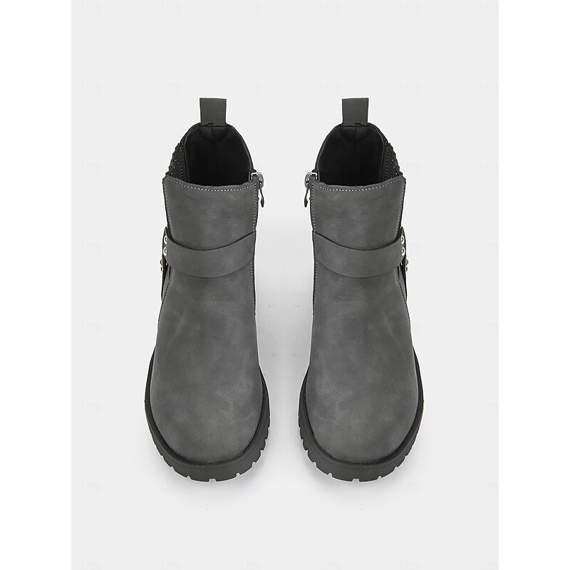 Women's Grey Ankle Boots – Stylish Block Heel with Strap Details, Side Zip, and Rugged Sole for Casual and Outdoor Wear3