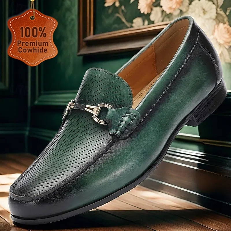 Men's Green Premium Cowhide Leather Loafers - Slip-On Dress Shoes with Metal Buckle Detail for Formal and Business Wear