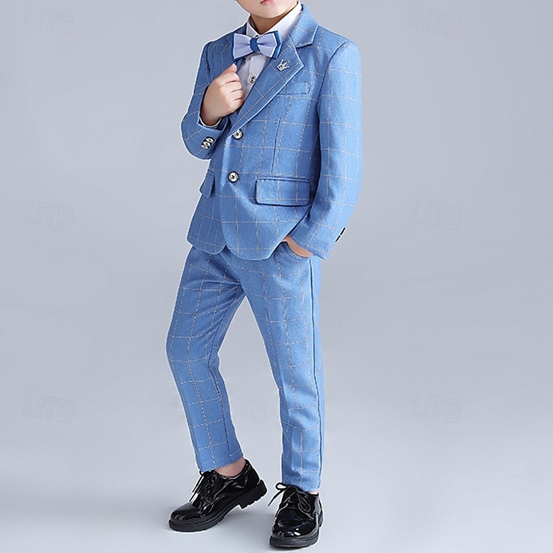3/4/5 pieces Ring Bearer Suit Boys Kids Suit Formal Suit Blazer & Vest & Pants Formal Party Valentines Fashion Cool Plaid Pocket Blue Polyester4