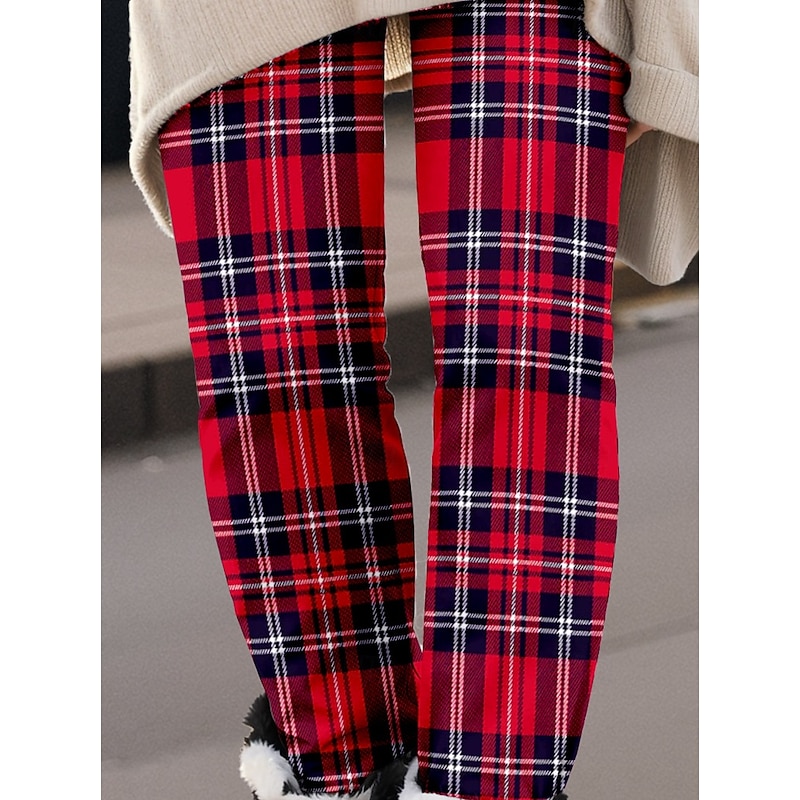Women's Leggings Fashion Streetwear Ankle-Length High Waist Plaid Printing Thermal Warm Soft Breathable Micro-elastic Christmas Outdoor Daily Wine Fall Winter Regular Fit3