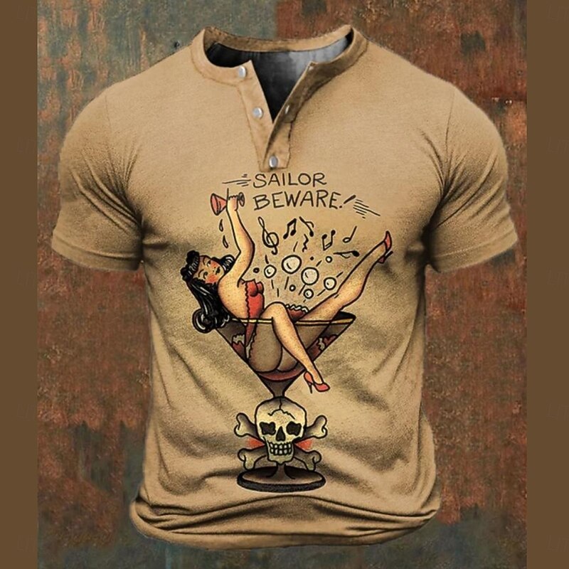 Men's Graphic T shirt Henley Shirt Short Sleeve Retro Vintage Street Casual Daily Summer Spring Khaki Henley Henley T-Shirt