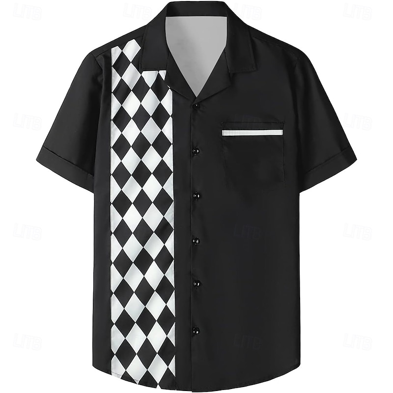 Men's Plaid / Check Bowling Shirt Button Up Shirt Short Sleeve Casual Athleisure Summer Spring Cuban Collar Button Up Pocket Black