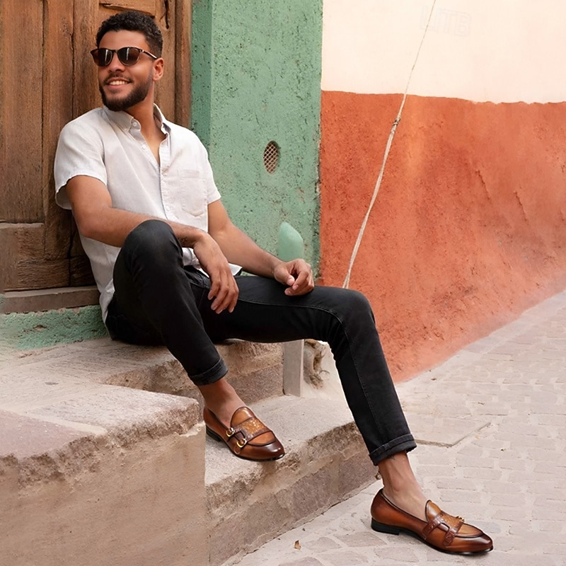 Men's Brown Leather Loafers with Double Buckle and Crocodile Pattern – Premium Cowhide Dress Shoes for Formal & Casual Wear2