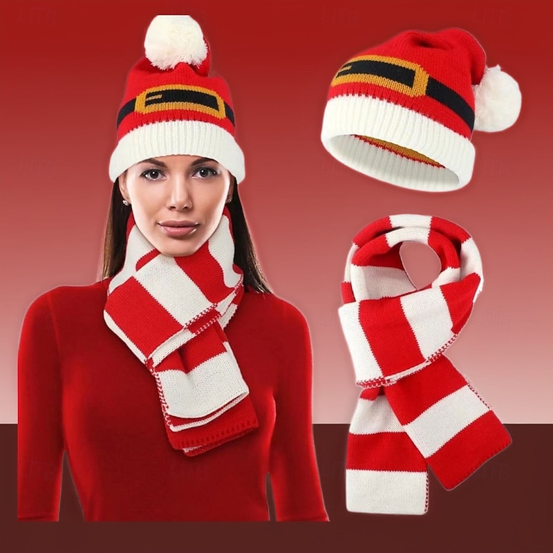 Santa Claus Elf Gloves Christmas Gift Knitted Hats Scarf Set Men's Women's Novelty Funny Knitted Pattern Christmas Christmas Eve Gloves Scarf Hat