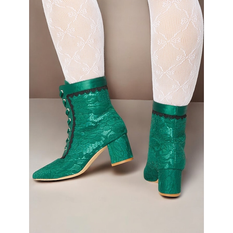 Women's Green Victorian Lace-Up Boots with Floral Lace Overlay and Ribbon Tie – Vintage Style for Special Occasions2