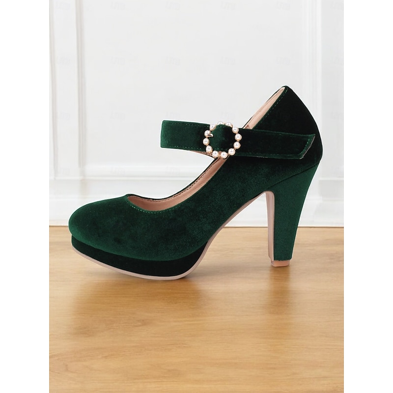 Women's Green Velvet Mary Jane Pumps with Pearl-Embellished Buckle - Vintage High Heels for Parties and Special Occasions3