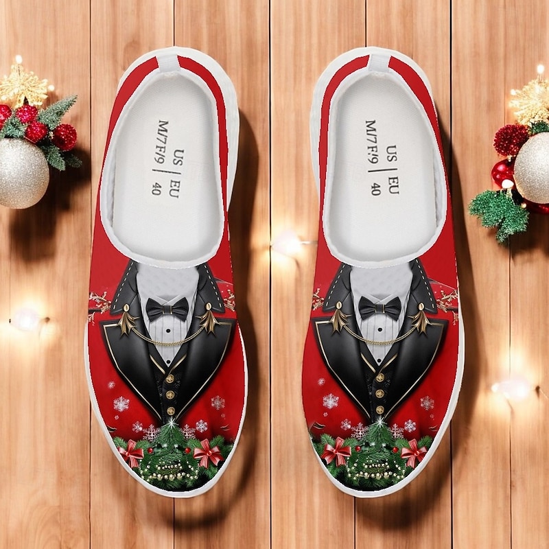 Men's Christmas Tuxedo Print Slip-On Sneakers - Festive Holiday Themed Casual Shoes with Christmas Decorations - Perfect for Holiday Parties & Celebrations