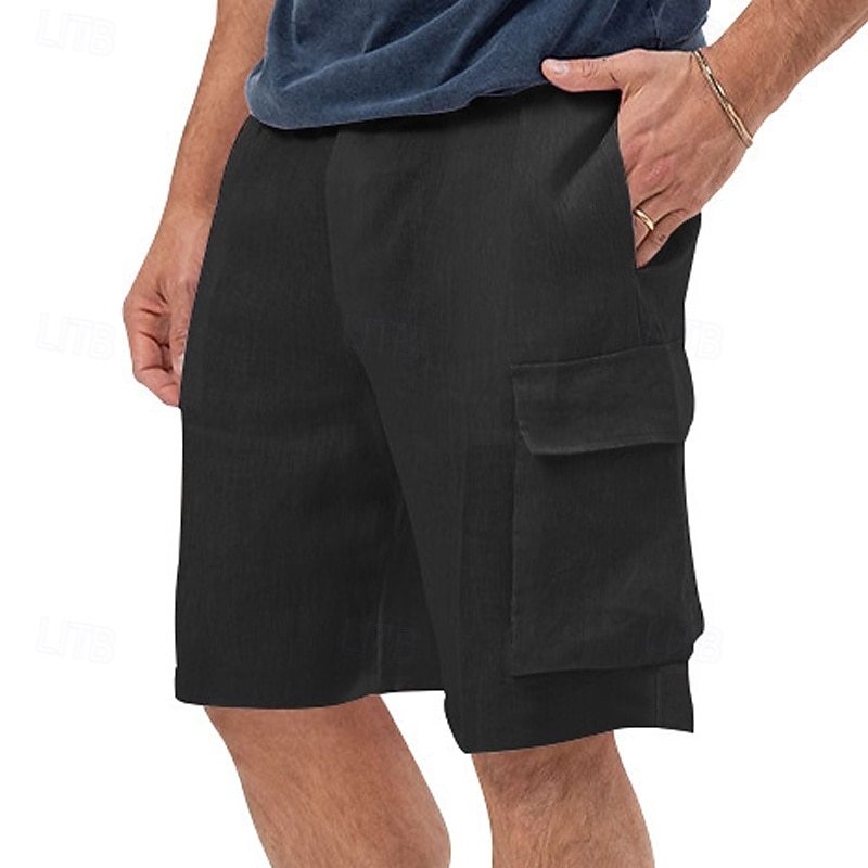 Men's Cargo Shorts Shorts Linen Shorts Summer Shorts Beach Shorts Drawstring Elastic Waist Multi Pocket Plain Comfort Breathable Knee Length Outdoor Daily Going out Classic Style Casual Black White4