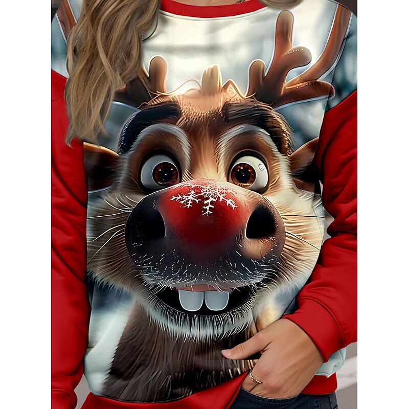 Women's Sweatshirt Casual Polyester Reindeer  Street Dailywear Crew Neck Print Long Sleeve Denim Blue Wine Blue Green Fall Winter3