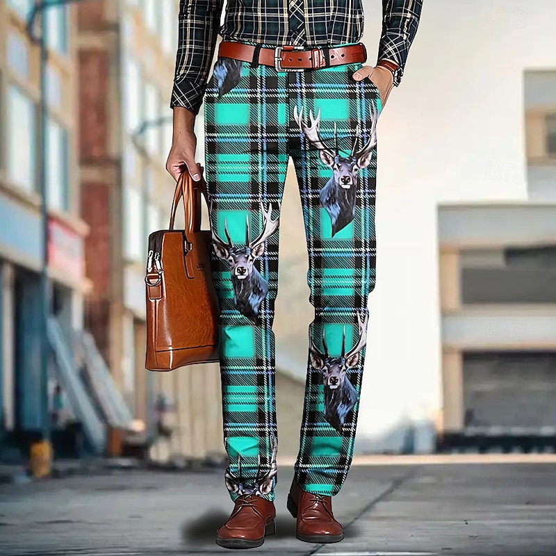 Men's Color Block Plaid / Check Patchwork Dress Pants Mid Waist Vintage Casual Outdoor Home Dailywear Zipper Pocket Summer Spring Fall 3D Print Black Red Blue4