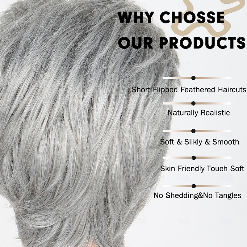 Grey Short Hair Wigs for White Women Silver Grey Short Curly Pixie Cut Wigs with Bangs Charming Synthetic Glueless Layered Wavy Wigs For Old Lady (Silver Gray)3
