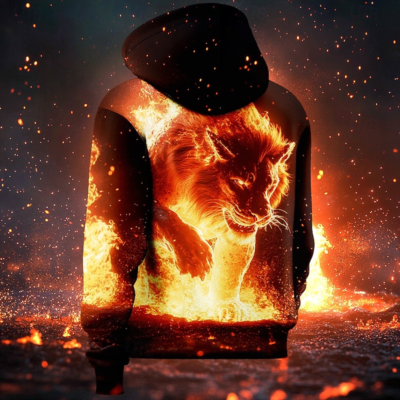 Men's Lion Flame Hoodies Sweatshirt Fashion Cool Long Sleeve Crew Neck Party Holiday Streetwear Red Drawstring Fall Winter Designer2