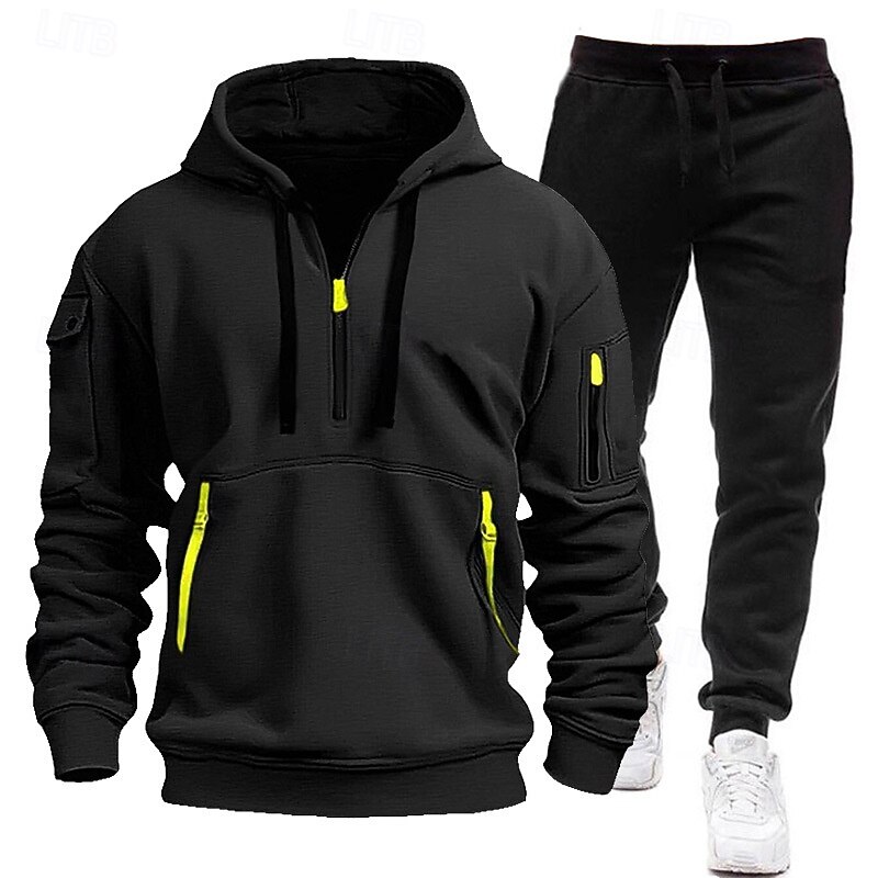 Men's Hoodie Tracksuit Sweatsuit Black White Navy Blue Blue Light Grey Hooded Half Zip Plain 2 Piece Sports & Outdoor Daily Holiday Polyester Streetwear Casual Spring &  Fall Clothing Apparel Hoodies4