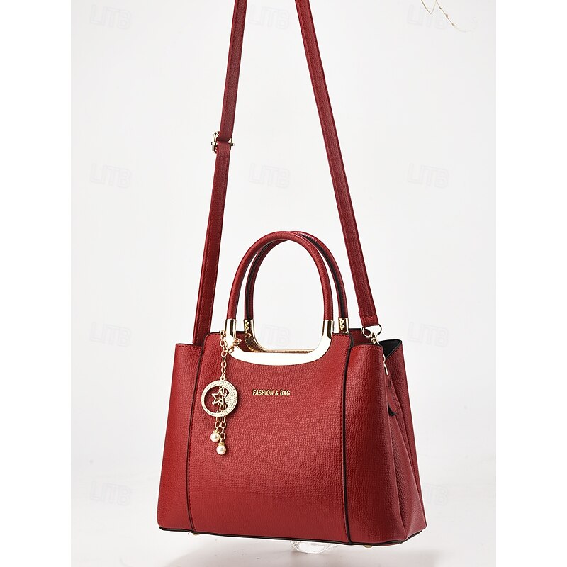 Women's Red Faux Leather Handbag - Elegant Top-Handle Design with Pearl Charm and Detachable Strap for Work, Parties, and Daily Use3